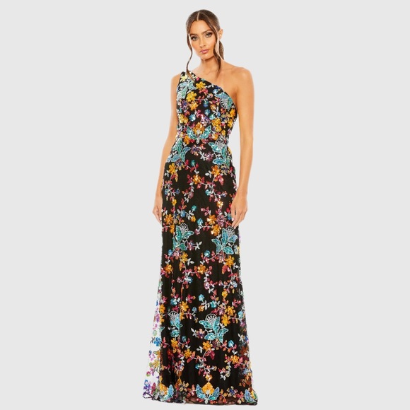 Mac Duggal Dresses & Skirts - Women One Shoulder Mac Duggal Black Floral Maxi Dress Lace up Back Worn once 6